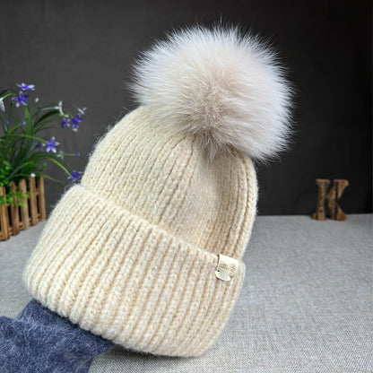 Women’s Large Rabbit Fur Pompom Beanie