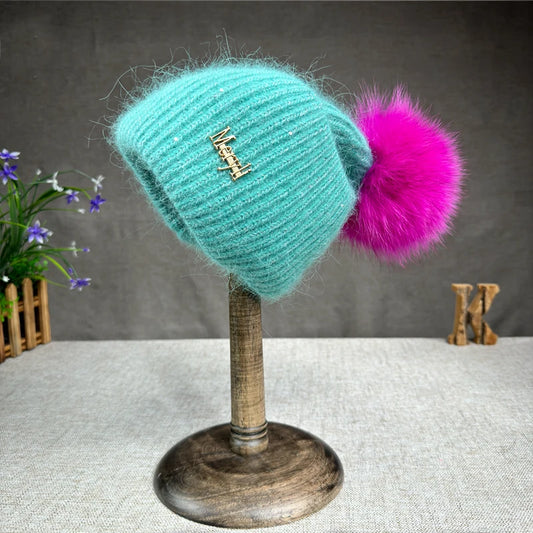 Women’s Rabbit Fur Pompom Beanie