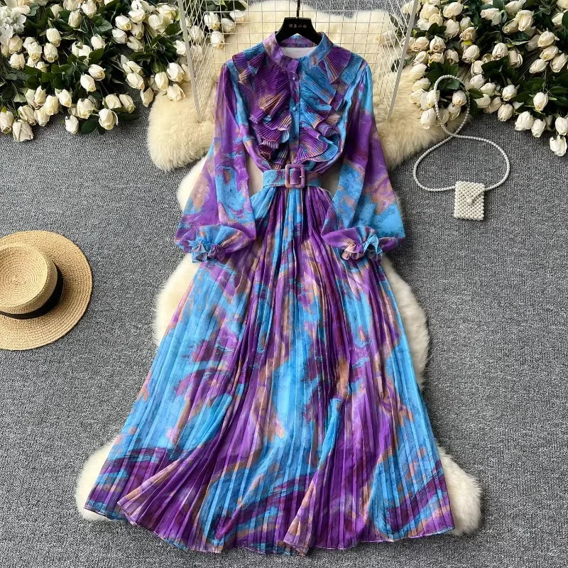 Vintage Print Chiffon Maxi Dress