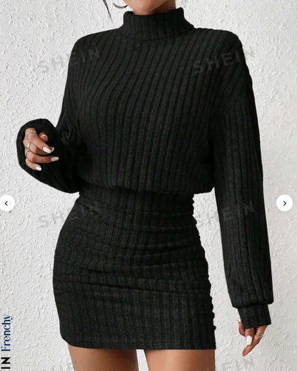 High Neck Knit Sweater Dress