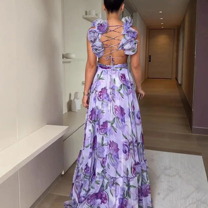 Floral Ruffle Backless Maxi Dress