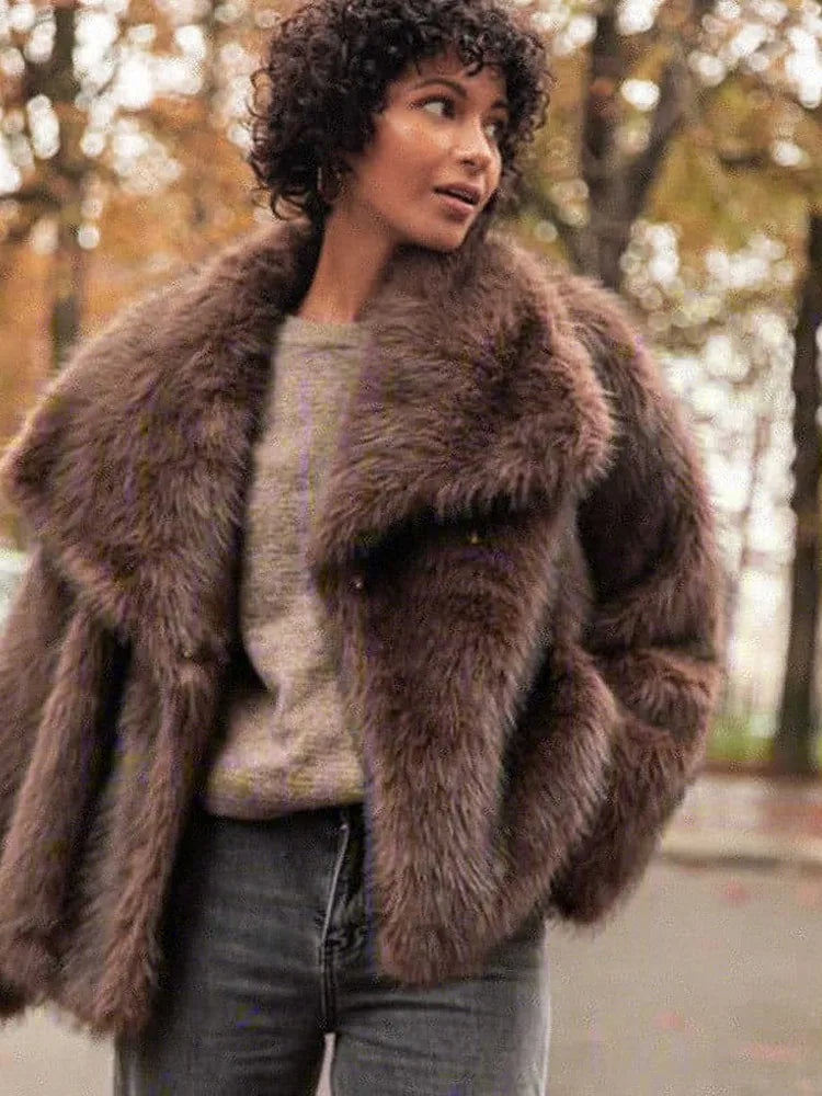 Retro Collar Faux Fur Coat