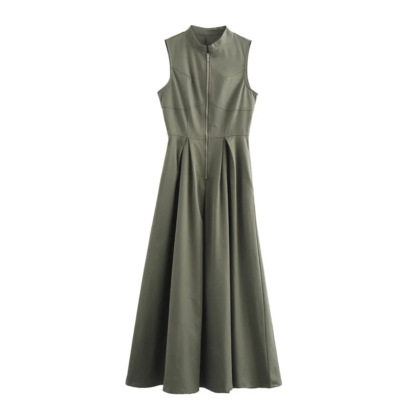 MUJER Elegant Zipper Pleated Sleeveless Midi Dress