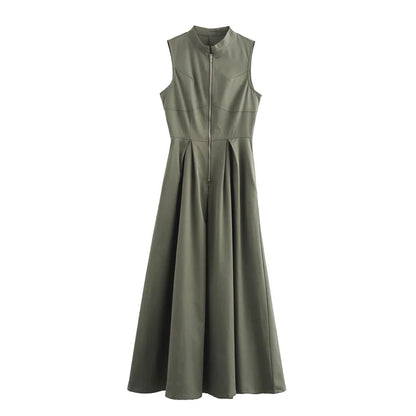 MUJER Elegant Zipper Pleated Sleeveless Midi Dress