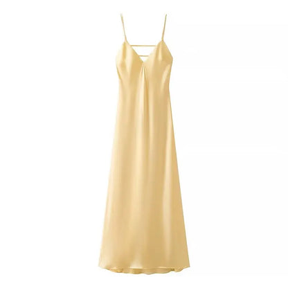 TRAFZA Summer Yellow Satin Maxi Dress