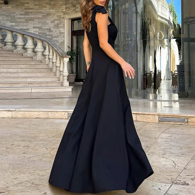 Draped V-Neck Slit Evening Dress