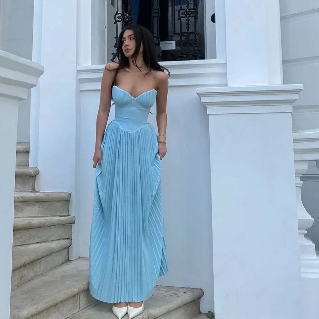 Suninheart Summer Sexy Strapless Pleated Maxi Dress