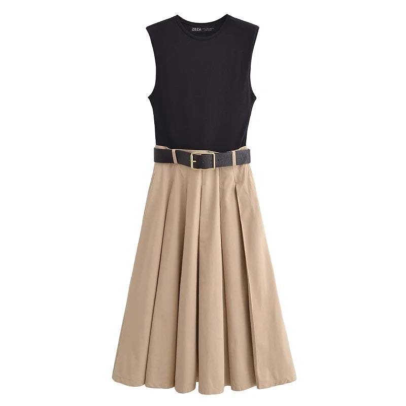 Pleated Belted Midi Dress