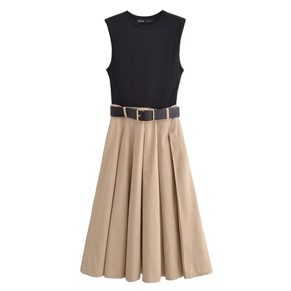 Pleated Belted Midi Dress