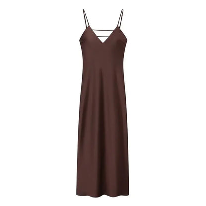 TRAFZA Summer Yellow Satin Maxi Dress