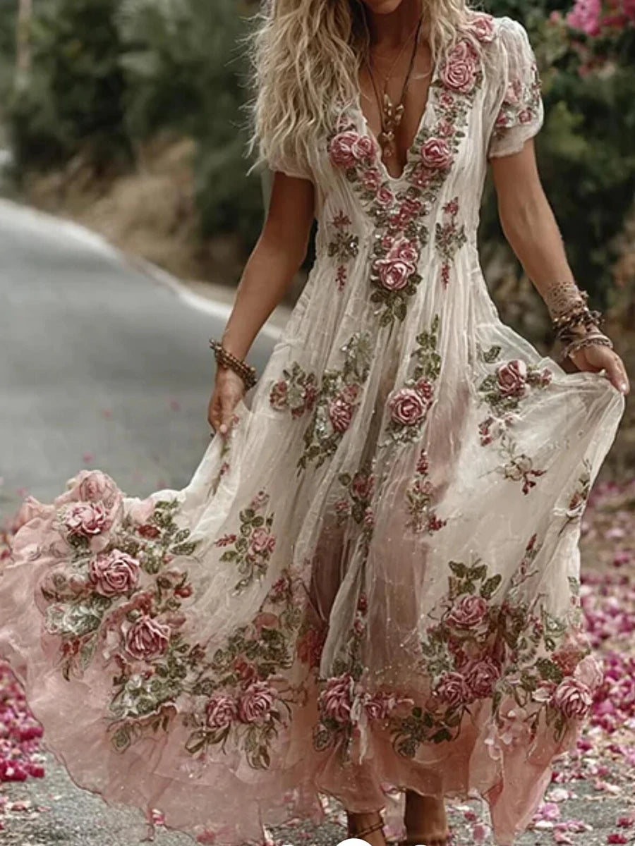 Bohemian V-Neck Floral Midi Dress