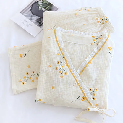 Floral Cotton Kimono Pajama Set