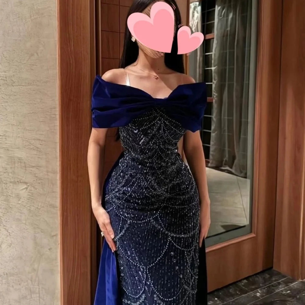 Amanda Navy Blue Off-Shoulder Velvet Beaded Evening Gown