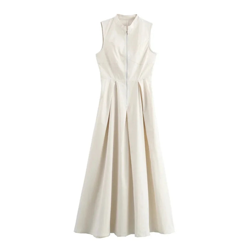 MUJER Elegant Zipper Pleated Sleeveless Midi Dress