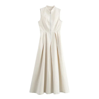 MUJER Elegant Zipper Pleated Sleeveless Midi Dress