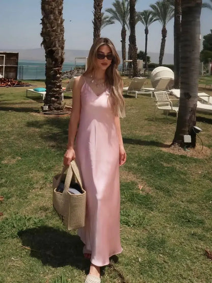TRAFZA Summer Yellow Satin Maxi Dress