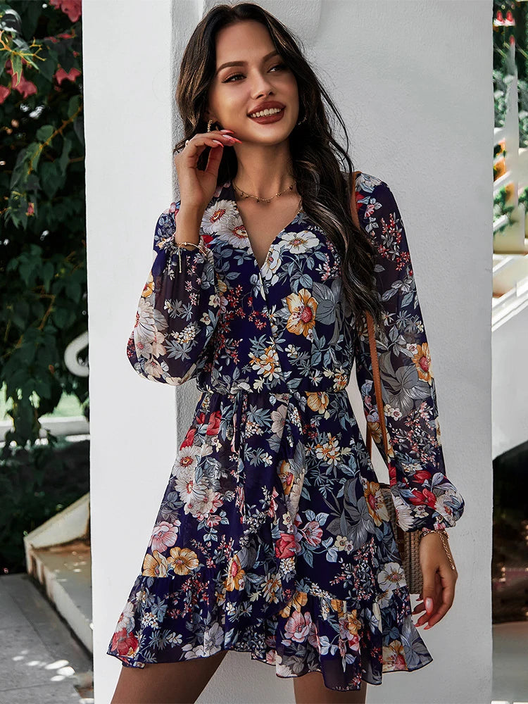 Floral V-Neck Chiffon Dress