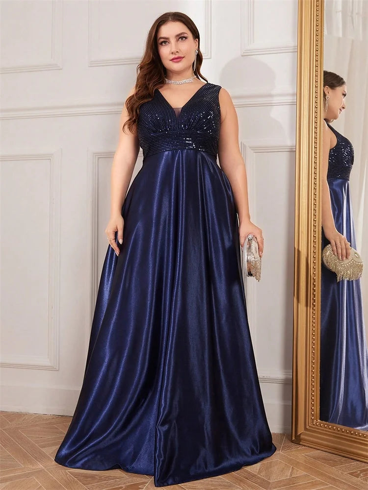 Plus Size Satin Sequin Evening Dress