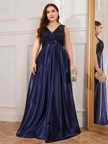 Plus Size Satin Sequin Evening Dress