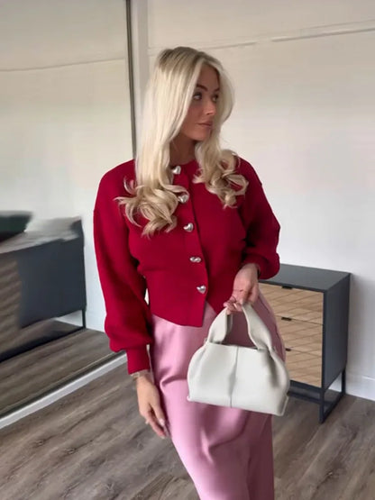 Heart-Button O-Neck Cardigan