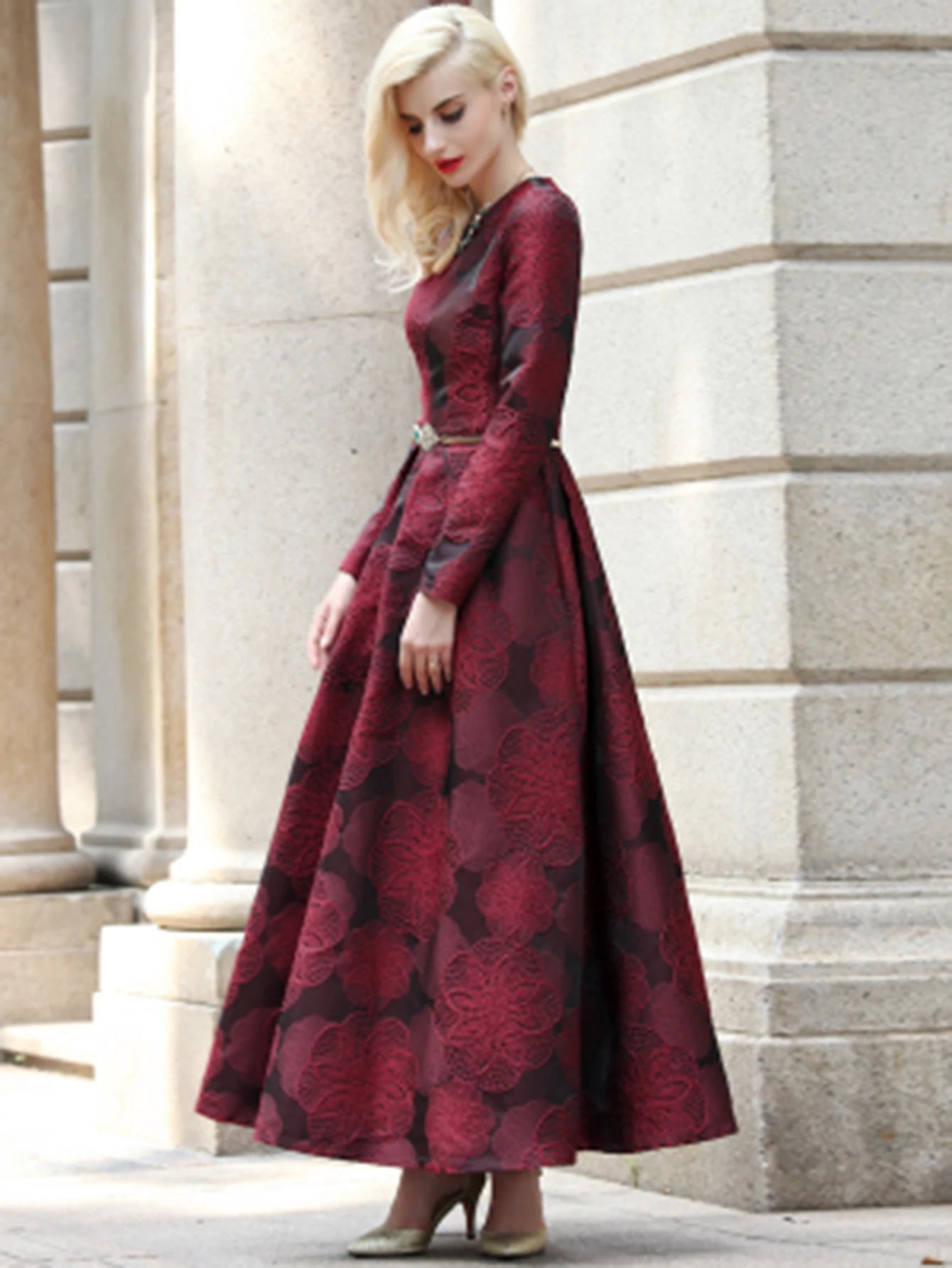 Burgundy Floral Jacquard Maxi Dress