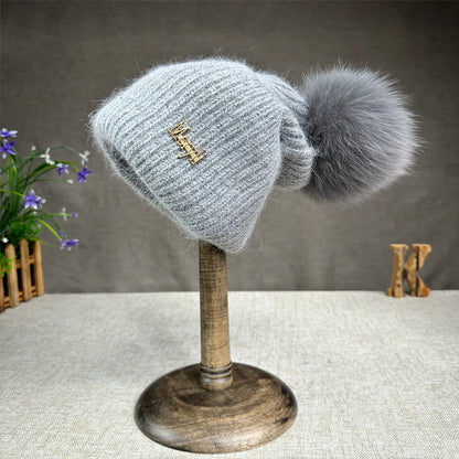 Women’s Rabbit Fur Pompom Beanie