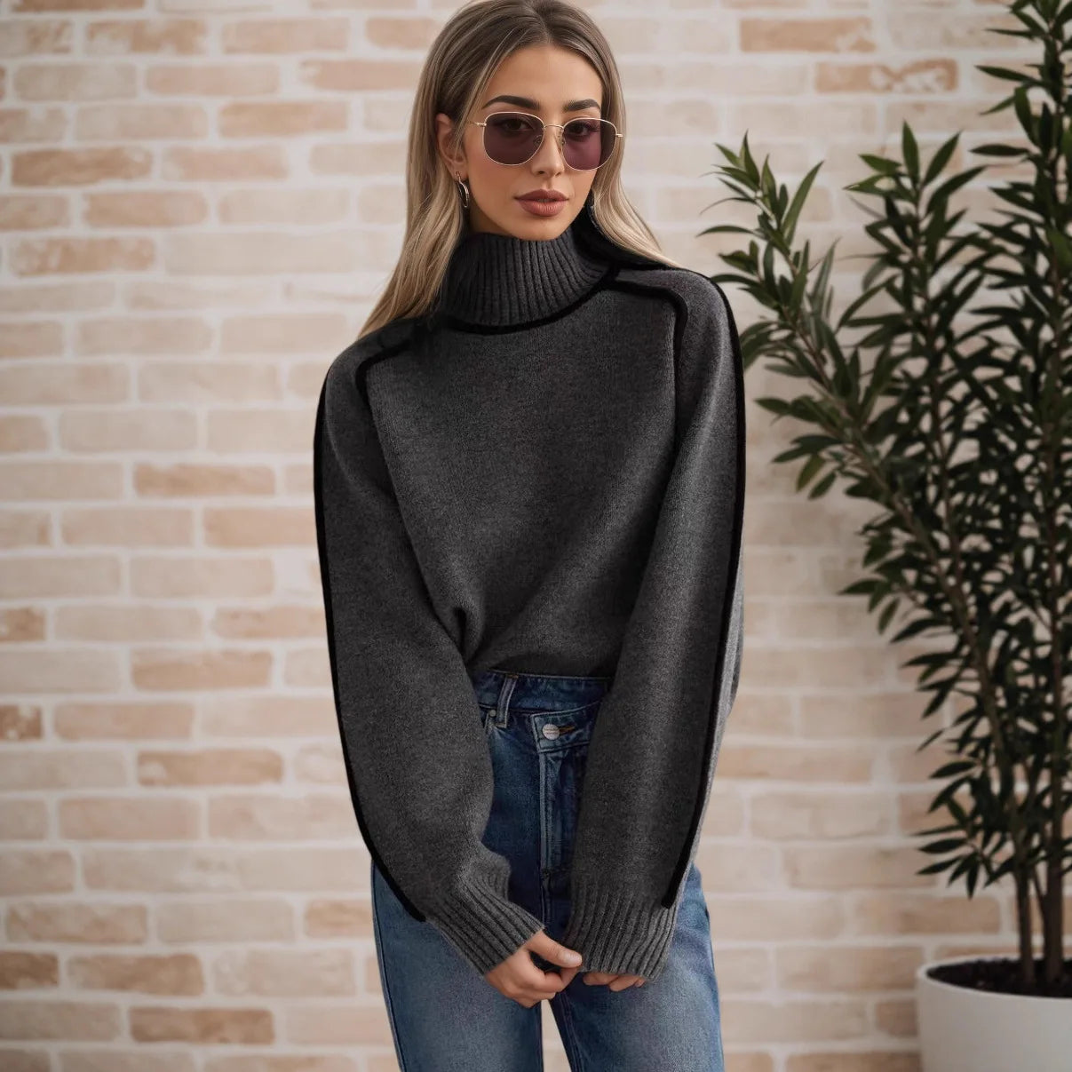 Color Block High Neck Sweater