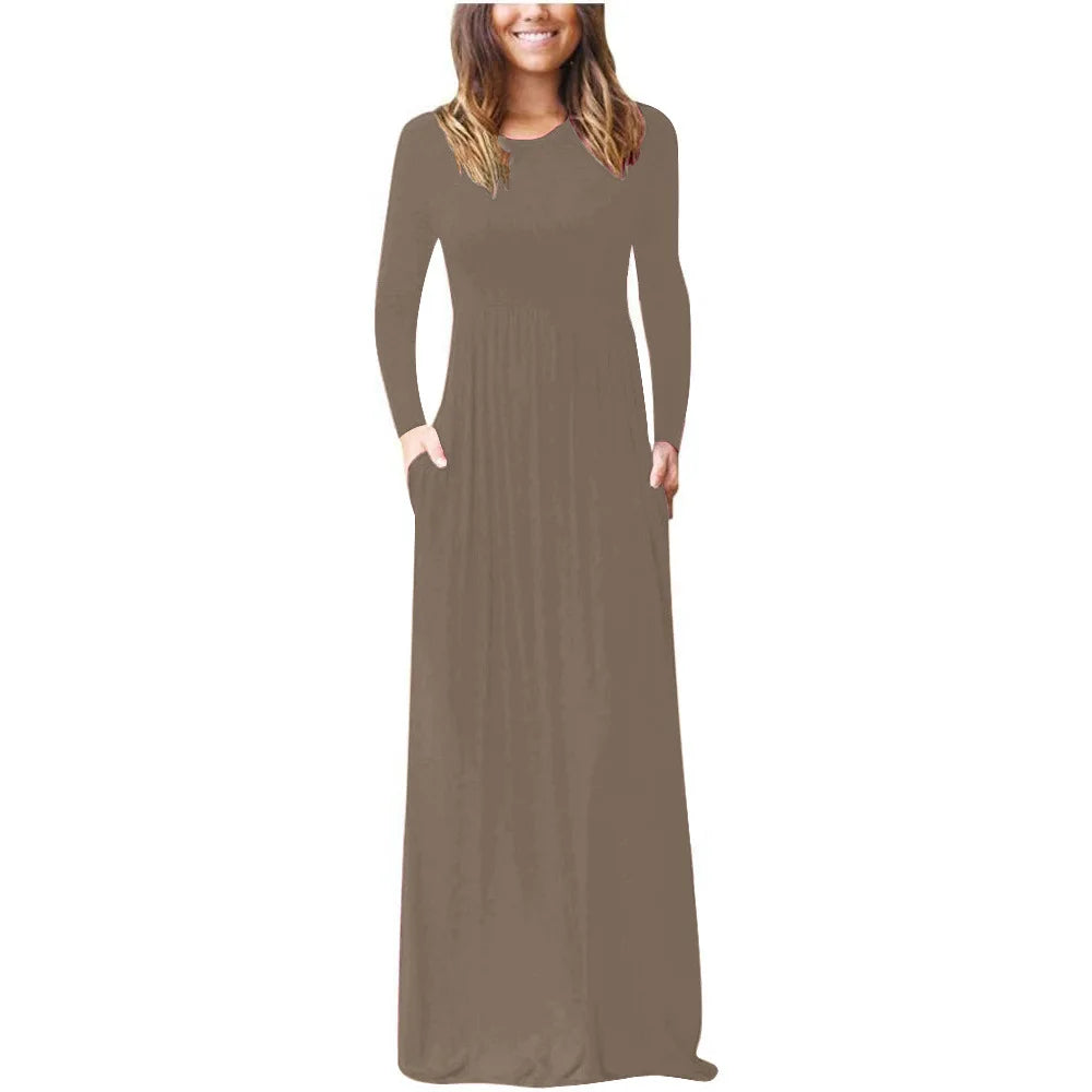 Autumn Winter Solid Color Pocket Maxi Dress