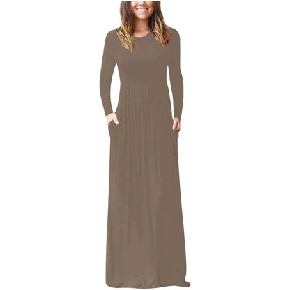 Autumn Winter Solid Color Pocket Maxi Dress