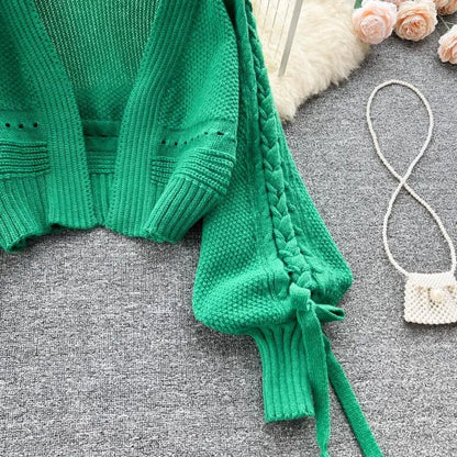 Green V-Neck Lantern Cardigan