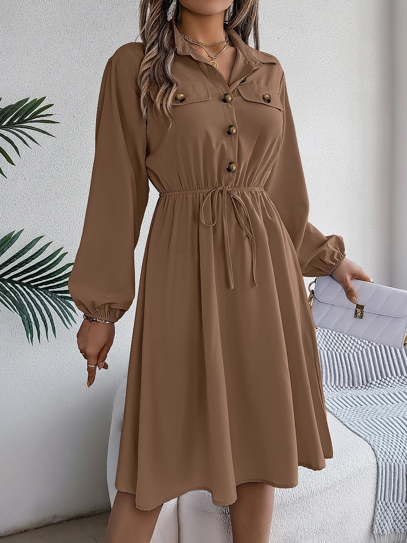 Autumn Winter Button-Up Tie Waist Shirt Dress