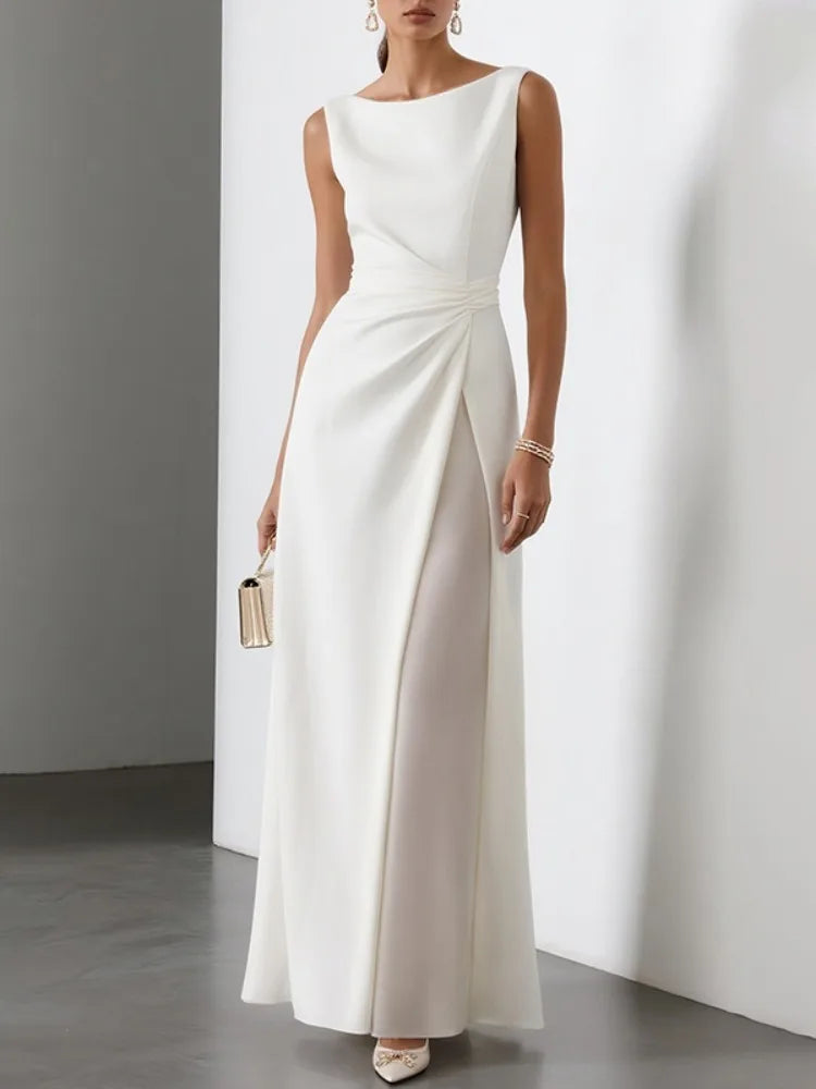 Pleated White A-Line Maxi Dress