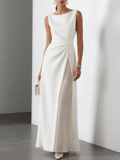 Pleated White A-Line Maxi Dress