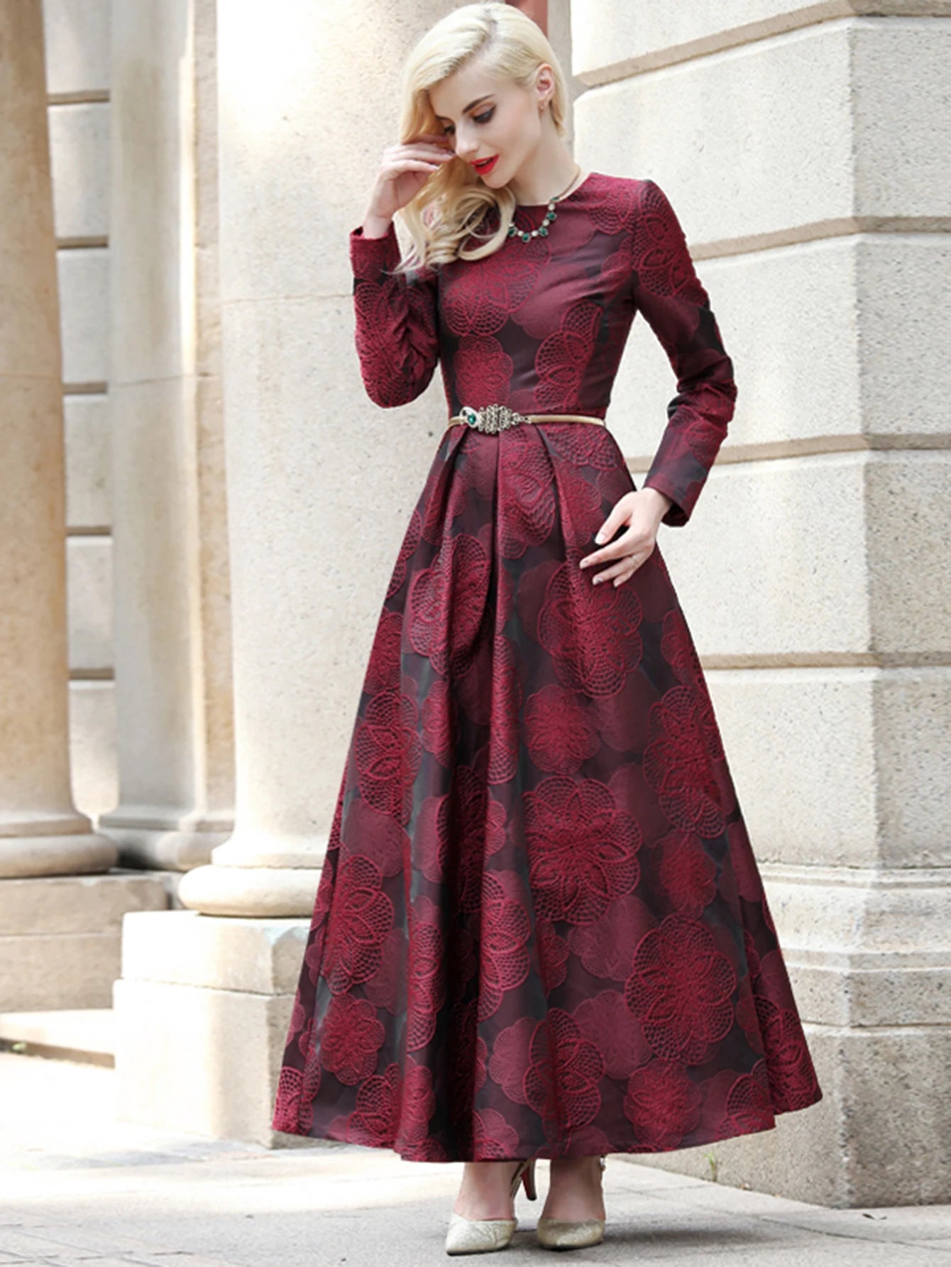 Burgundy Floral Jacquard Maxi Dress