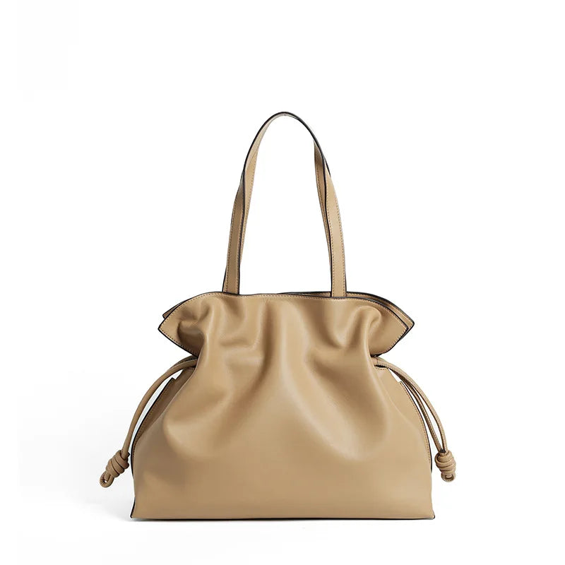 Soft Leather Pleated Bucket Tote Bag