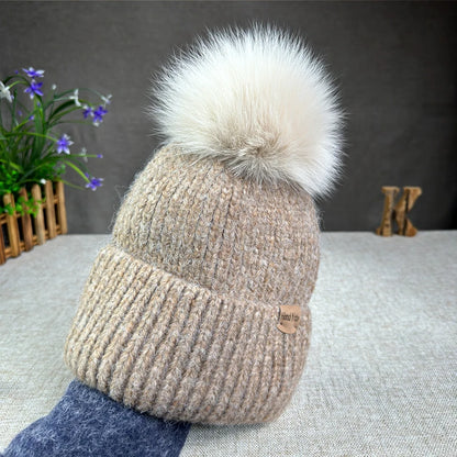 Women’s Large Rabbit Fur Pompom Beanie