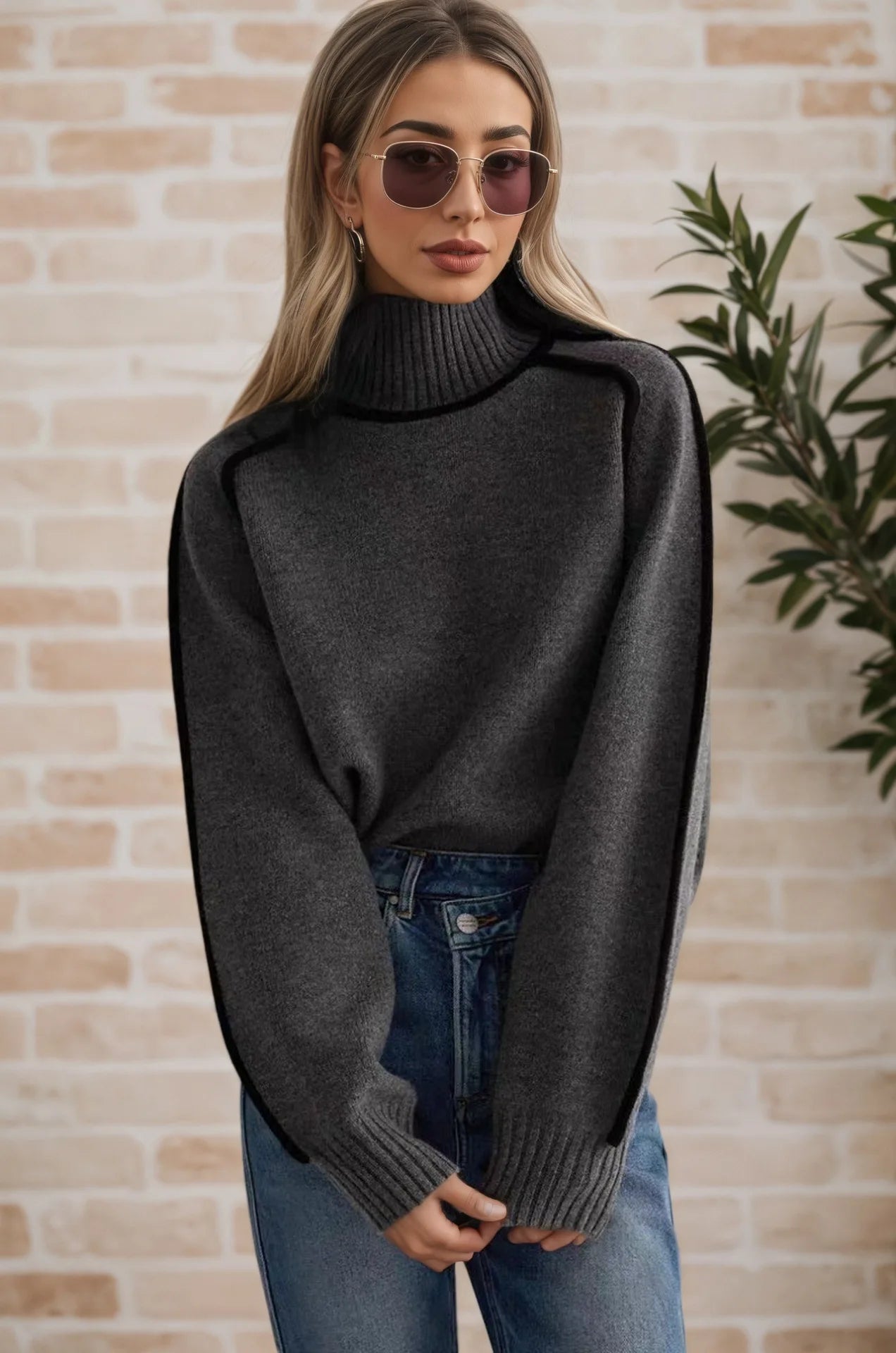 Color Block High Neck Sweater