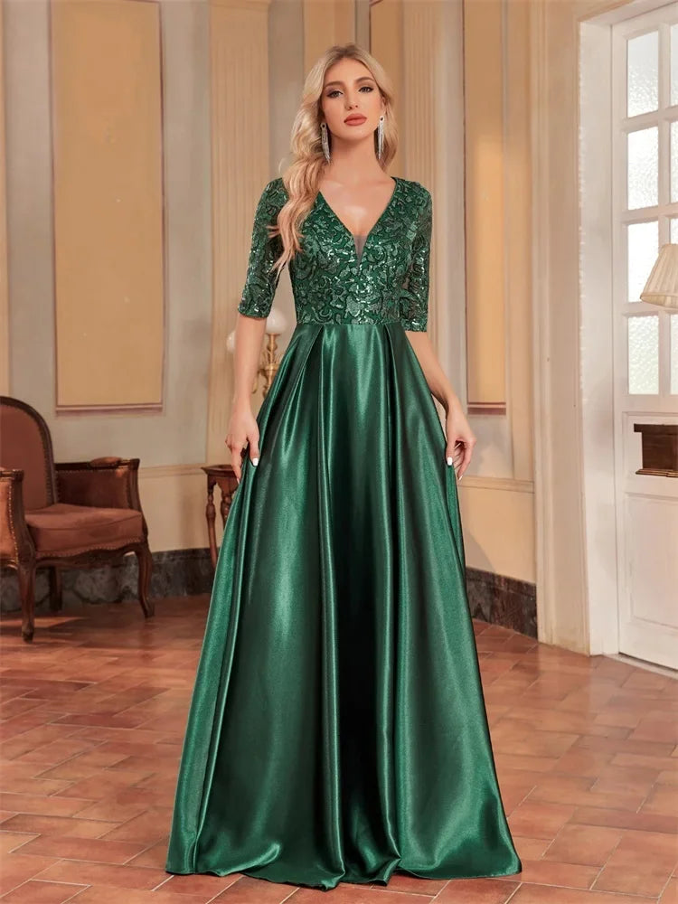 Elegant Green Satin Sequin Evening Dress