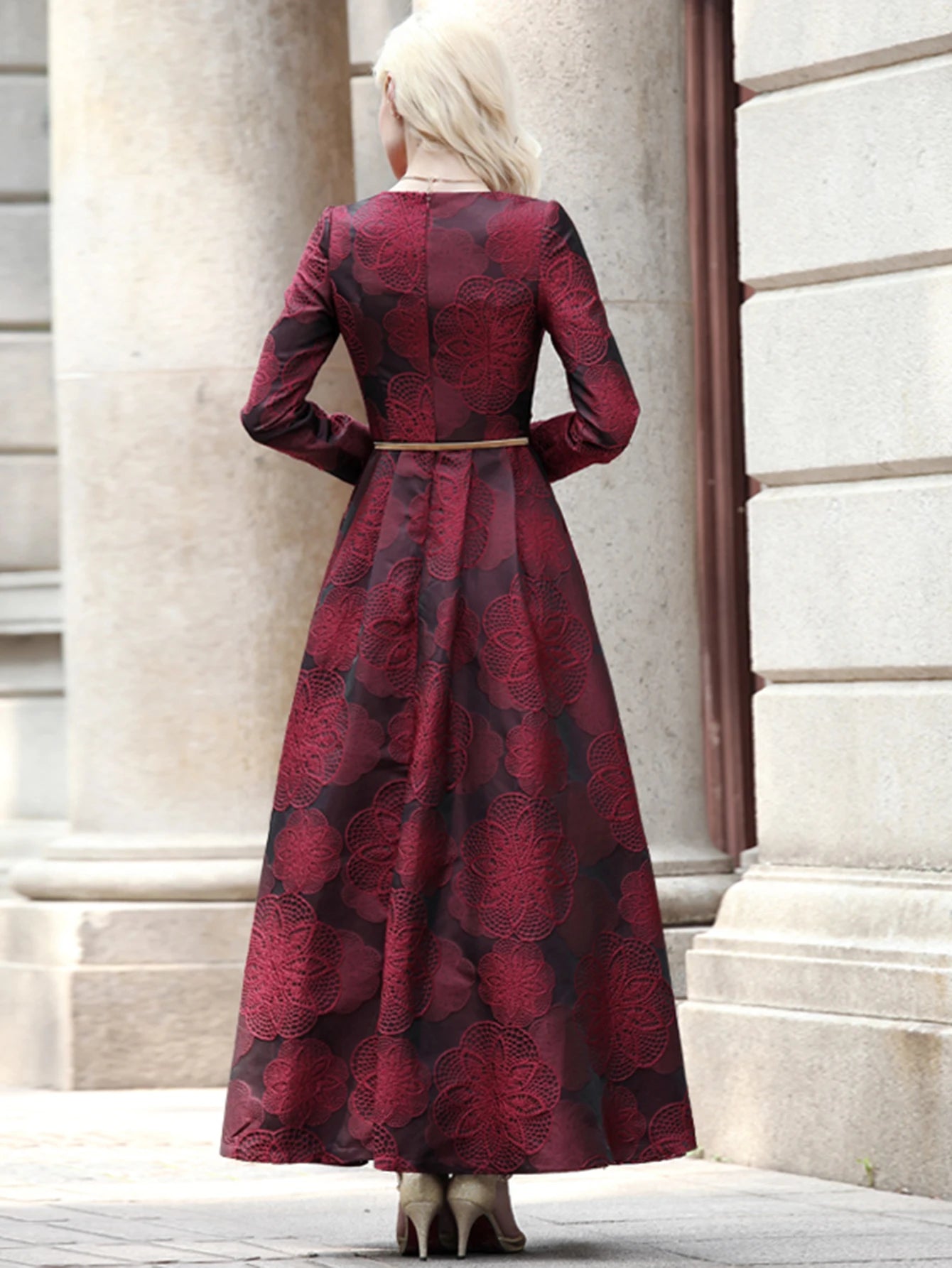 Burgundy Floral Jacquard Maxi Dress