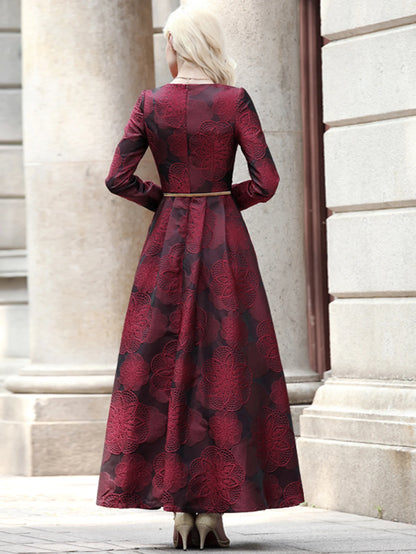 Burgundy Floral Jacquard Maxi Dress