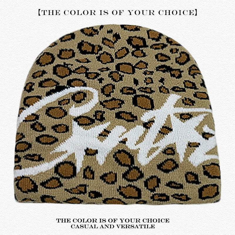 Leopard Print Letter Knit Beanie