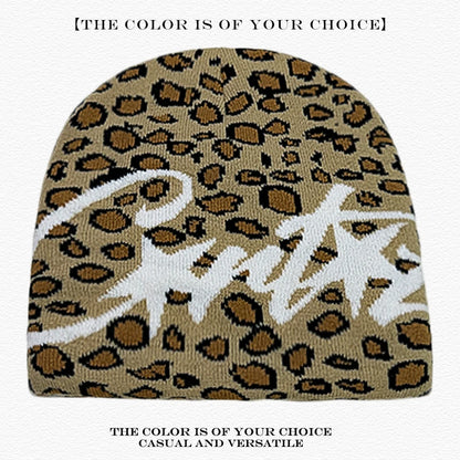 Leopard Print Letter Knit Beanie