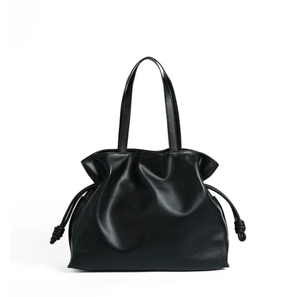 Soft Leather Pleated Bucket Tote Bag