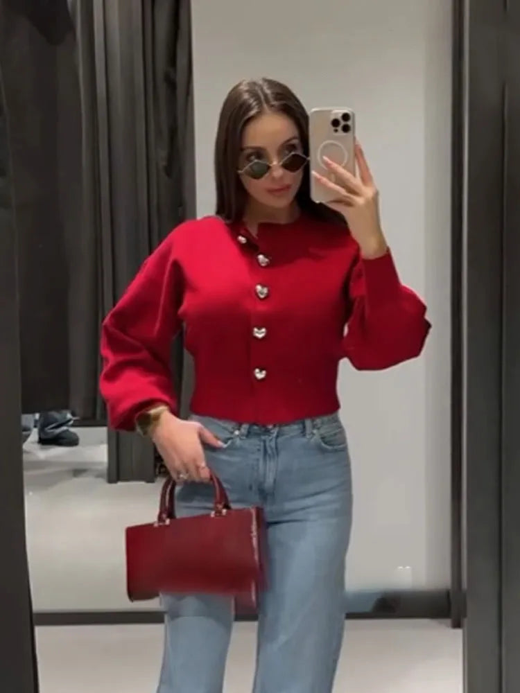 Heart-Button O-Neck Cardigan