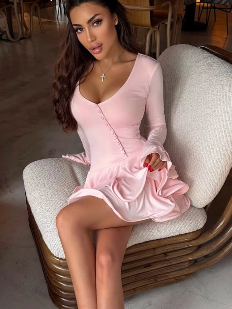 Ruffled V-Neck Mini Dress