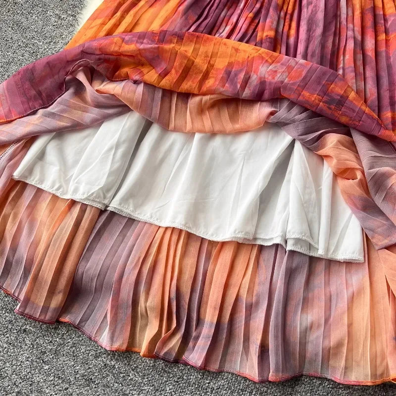 Vintage Print Chiffon Maxi Dress