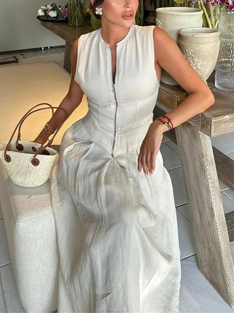 MUJER Elegant Zipper Pleated Sleeveless Midi Dress