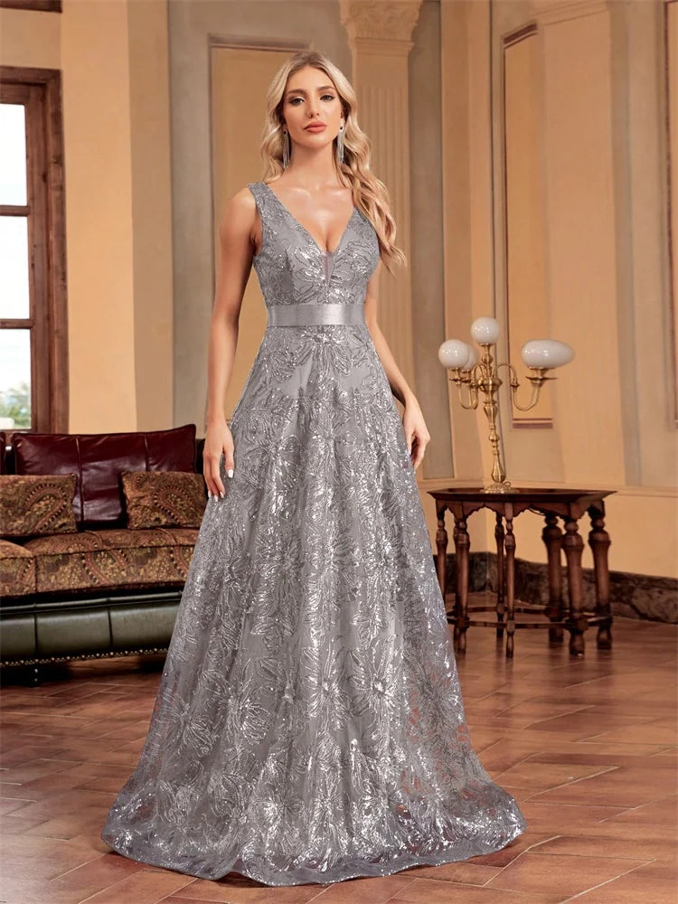 Elegant Sequin V-Neck Evening Dress