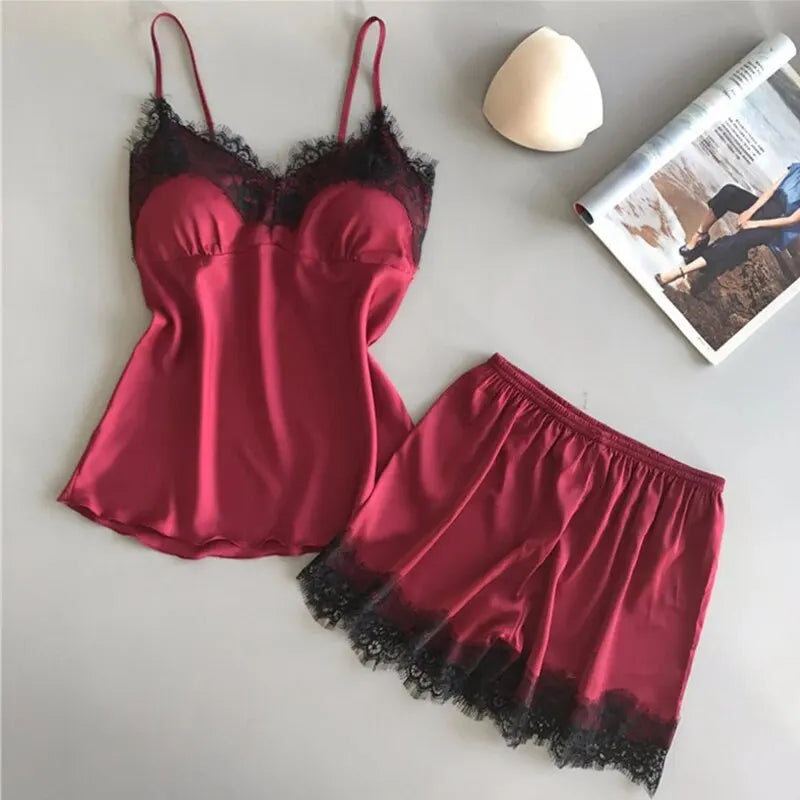 Women V-Neck Lace Pajama Set