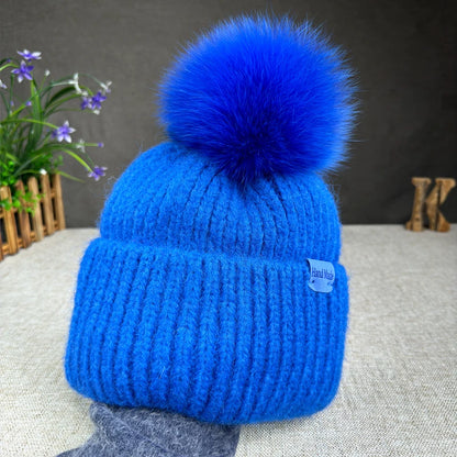 Women’s Large Rabbit Fur Pompom Beanie